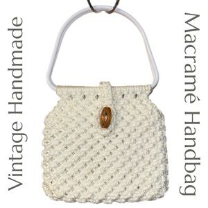 Vintage - Handmade Macramé Handbag - White Handles - Boho Hippie‎